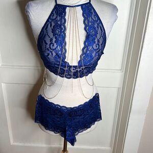 Dreamgirl Blue Lace Halter Bralette & Panty Set gold chain detail Size Small